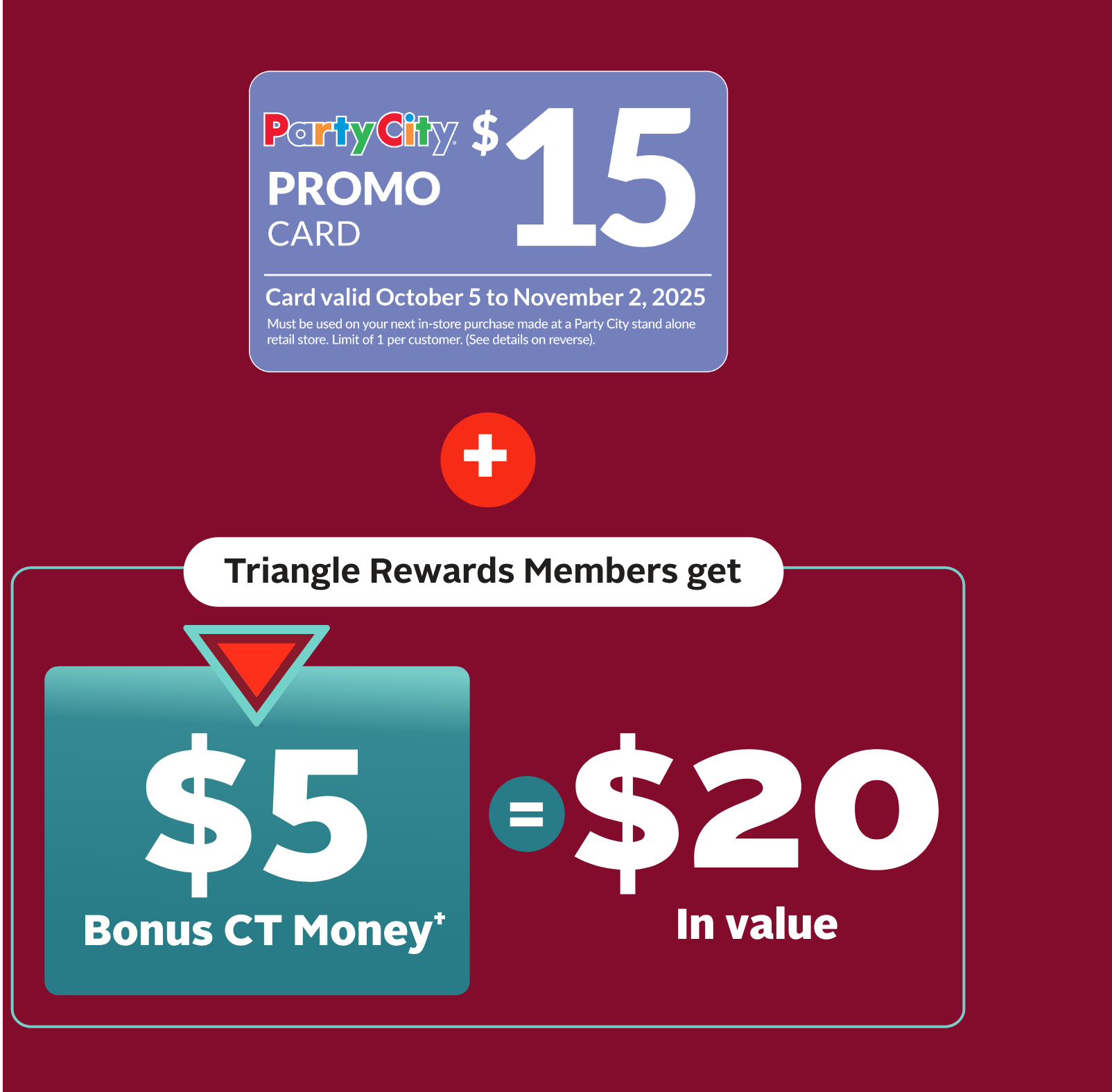Promo card to show PC Promo card + $5 Bonus CT Money = $20 In value